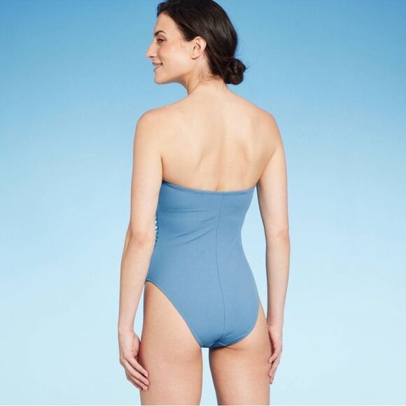 NWT Woman’s Shirred Ribbed Bandeau Cheeky One-Piece Swimsuit Blue Medium - Picture 4 of 15